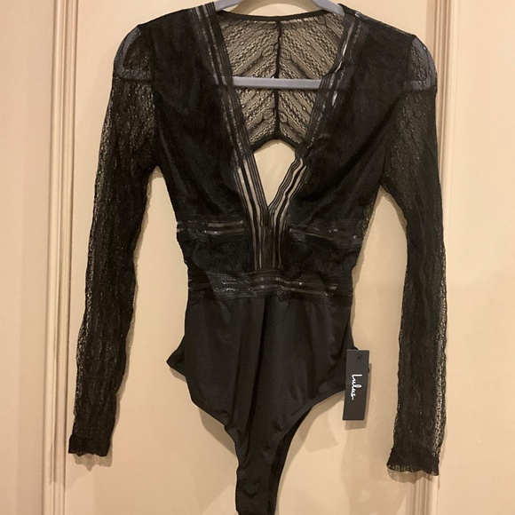 Lulus Casita Black Sheer Lace Long Sleeve Bodysuit NEW NWT V-Neck Stretch Medium - Picture 5 of 11